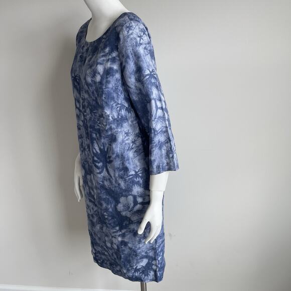 J Jill 3/4 Sleeves 100% Linen Shift Dress 10 Blue Hawaiian Tropical Palm Floral - Picture 5 of 15
